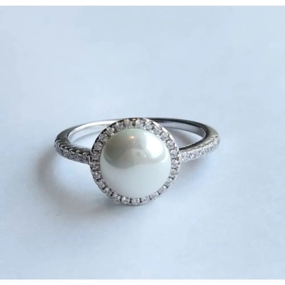 White pearl ring cz halo ring size 7 NEW